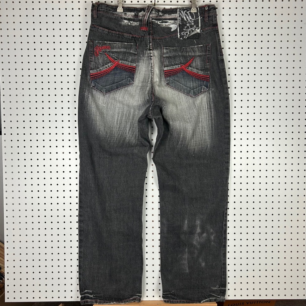 Akademiks Black Wash Embroidered Baggy Y2K Denim Jeans 38x34 Gothic Red Punk 90s